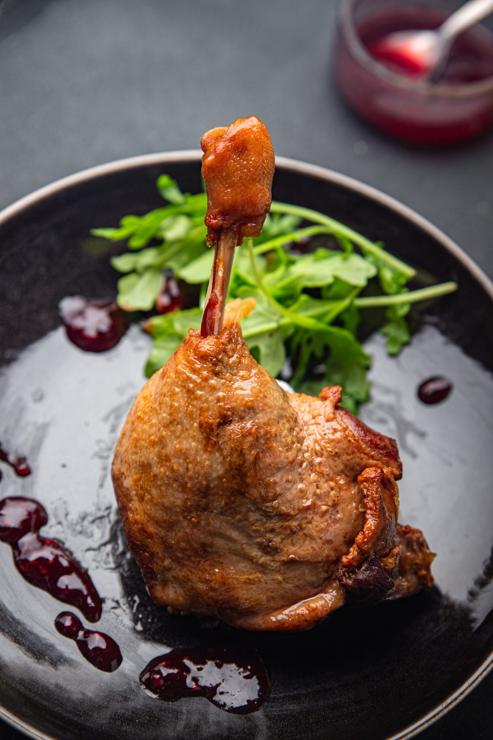 duck leg confit with berry sauce poultry meat second course vege